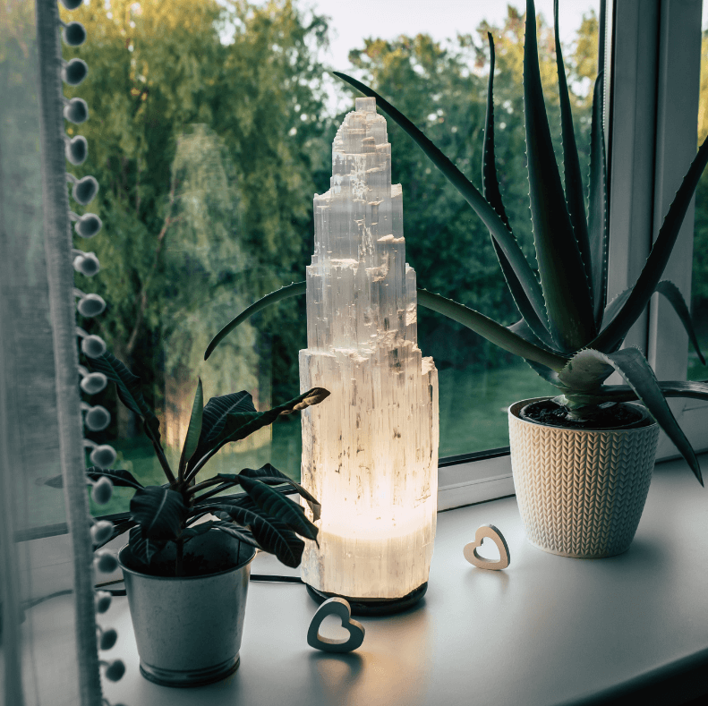 Wish Well Selenite Lamp With 7 Color LED - 8 Inch Healing Crystal Tower For Spiritual Decor & Energy Cleansing